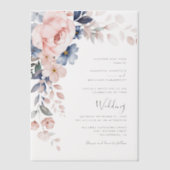 ピンクのフローラスクリプトの結婚水色 ベラム紙招待状 (正面)