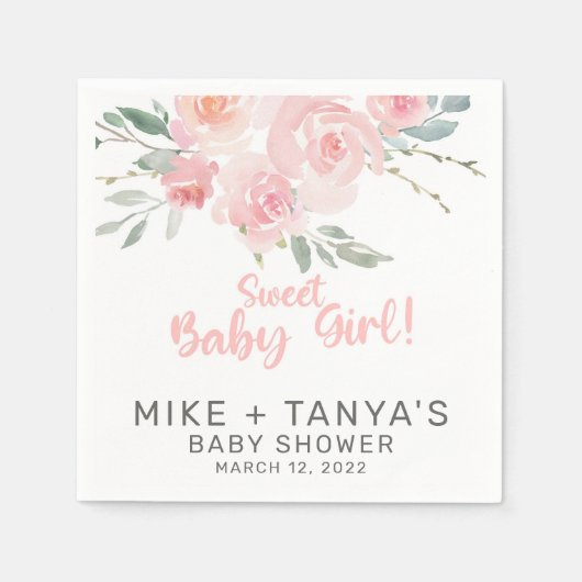 ピンクのフローラスタイリッシュ女の子の赤ちゃんシャワー紙ナプキン スタンダードカクテルナプキン (正面)