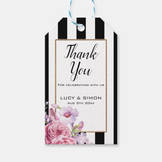 ピンクのフローラストライプとラベル ギフトタグ (正面)