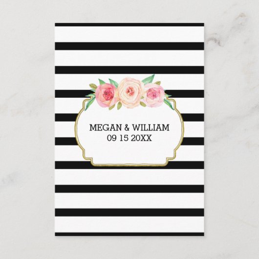 ピンクのフローラストライプブラック結婚の方向挿入 エンクロージャーカード (裏面)