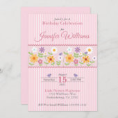 ピンクのフローラストライプ誕生日 招待状 (正面/裏面)