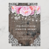 ピンクのフローラストリングライト素朴ベビーシャワー 招待状 (正面/裏面)