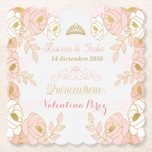 ピンクのフローラスペインのキンセアニェラ日付の保存 ペーパーコースター (正面)