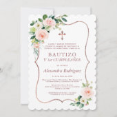 ピンクのフローラスペインのクロス1歳の誕生日バプテスマ 招待状 (正面)