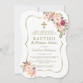 ピンクのフローラスペインの金ゴールドガール1st誕生日バプテスマ 招待状 (正面)