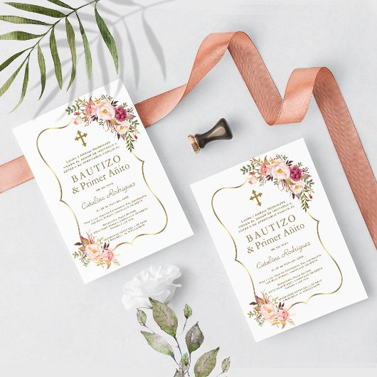 ピンクのフローラスペインの金ゴールドガール1st誕生日バプテスマ 招待状