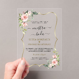 ピンクのフローラスペインの金ゴールド書道Nuestra Boda アクリル招待状