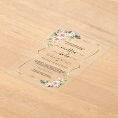 ピンクのフローラスペインの金ゴールド書道Nuestra Boda アクリル招待状 (レイダウン)