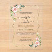 ピンクのフローラスペインの金ゴールド書道Nuestra Boda アクリル招待状 (正面)