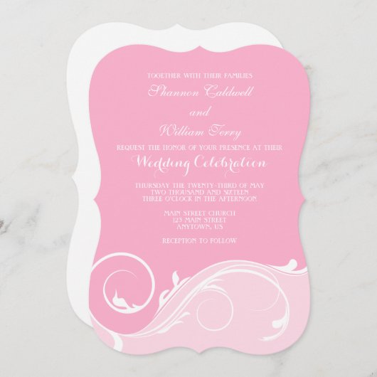 ピンクのフローラスワールブラケットウェディング招待状 招待状 (正面/裏面)