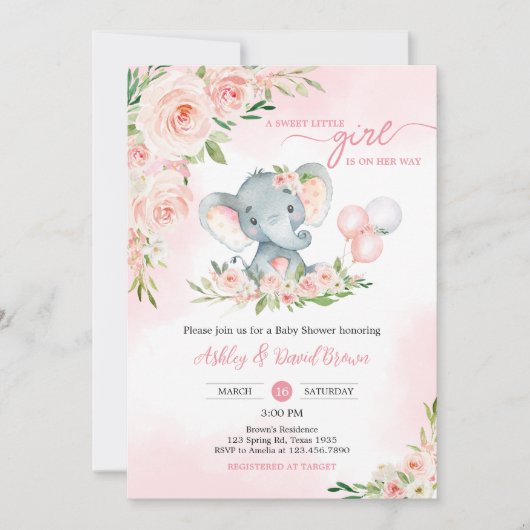 ピンクのフローラゾウのバルーン赤ちゃんシャワー 招待状 (正面)