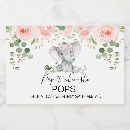 ピンクのフローラゾウの赤ちゃんポップ・アートのシャワー スパークリングワインラベル (シングルラベル)