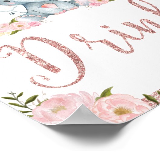 ピンクのフローラゾウ赤ちゃんシャワー飲み物の看板 ポスター (角)