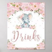 ピンクのフローラゾウ赤ちゃんシャワー飲み物の看板 ポスター (正面)
