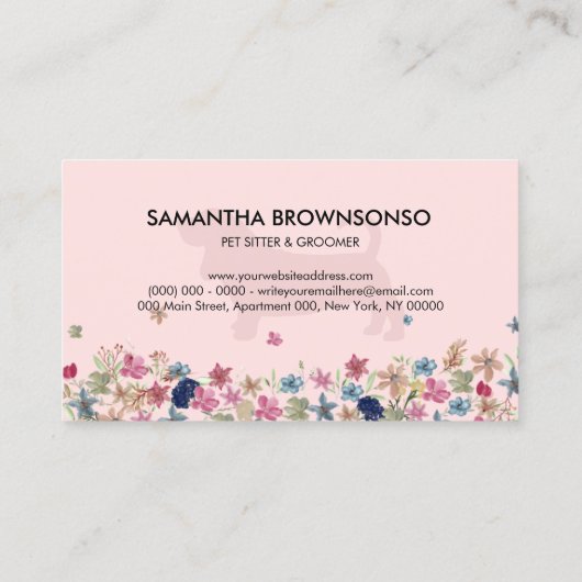ピンクのフローラダシュンドドッグペットシッター 名刺 (裏面)