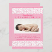 ピンクのフローラダマスク写真Sip N参照ベビーシャワー 招待状 (正面/裏面)
