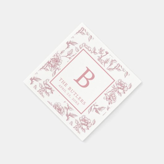 ピンクのフローラチノワセ結婚リーイニシャルのナプキン スタンダードカクテルナプキン (角)