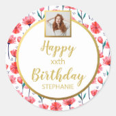 ピンクのフローラチューリップ、写真の追加、ハッピーバースデー ラウンドシール (正面)