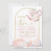 ピンクのフローラティーツーガールバースデーパーティー 招待状 (正面)