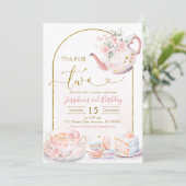 ピンクのフローラティーツーガールバースデーパーティー 招待状 (スタンド正面)