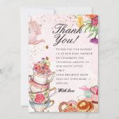 ピンクのフローラティーパーティーベビーは醸造ベビーシャワー サンキューカード (正面)