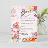 ピンクのフローラティーパーティーベビーは醸造ベビーシャワー サンキューカード (スタンド正面)