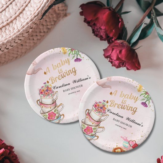 ピンクのフローラティーパーティーベビーは醸造ベビーシャワー ペーパープレート