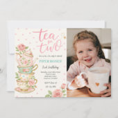 ピンクのフローラティー用2誕生日フォト招待状 招待状 (正面)