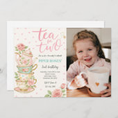 ピンクのフローラティー用2誕生日フォト招待状 招待状 (正面/裏面)