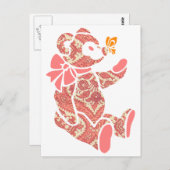 ピンクのフローラテディベアと蝶 ポストカード (正面/裏面)