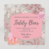 ピンクのフローラテディベア緑の女の子の赤ちゃんシャワー 招待状 (正面/裏面)