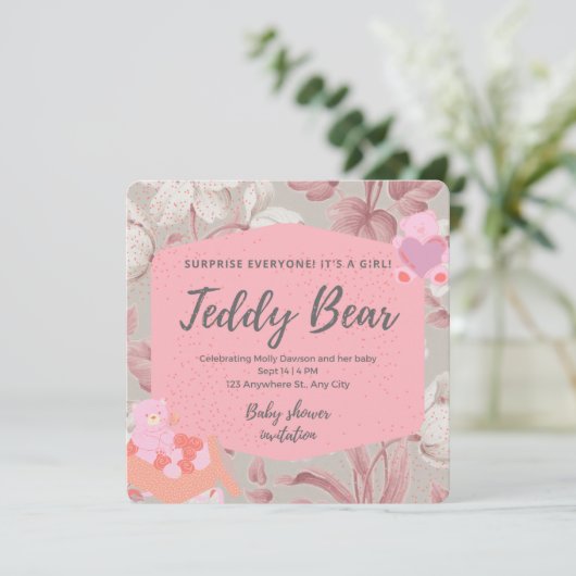 ピンクのフローラテディベア緑の女の子の赤ちゃんシャワー 招待状 (スタンド正面)