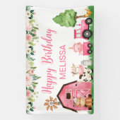 ピンクのフローラトラクターバーンファーム誕生日背景 横断幕 (縦)