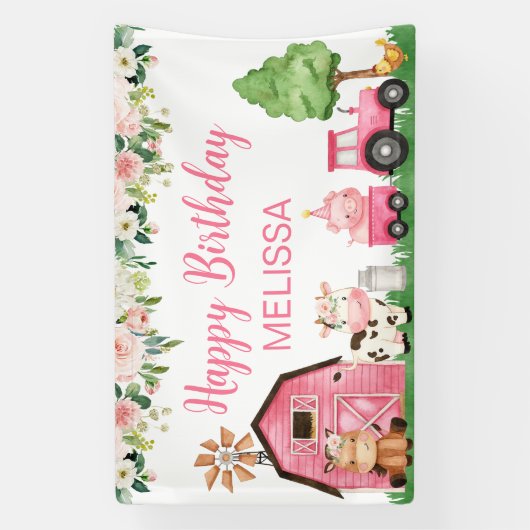 ピンクのフローラトラクターバーンファーム誕生日背景 横断幕 (縦)