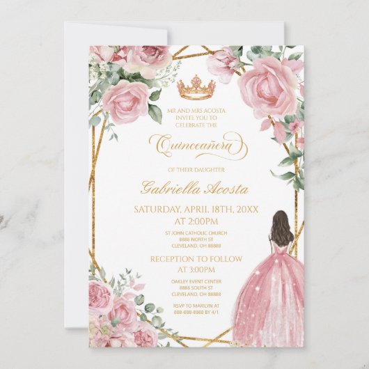 ピンクのフローラドレエレガントス金ゴールドフレームキンセアニェラ 招待状 (正面)