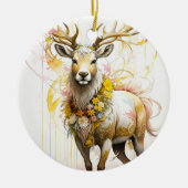 ピンクのフローラノーネックレスファンタジースタイルを持つ鹿 セラミックオーナメント (正面)