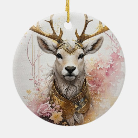 ピンクのフローラノーネックレスファンタジースタイルを持つ鹿 セラミックオーナメント (裏面)