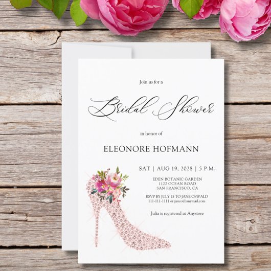 ピンクのフローラハイヒールブライダルシャワー招待 招待状