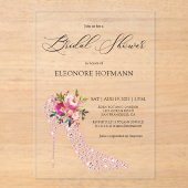 ピンクのフローラハイヒールブライダルシャワー アクリル招待状 (正面)