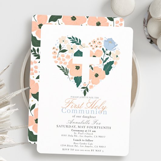 ピンクのフローラハートクロスガールファースト聖餐式 招待状