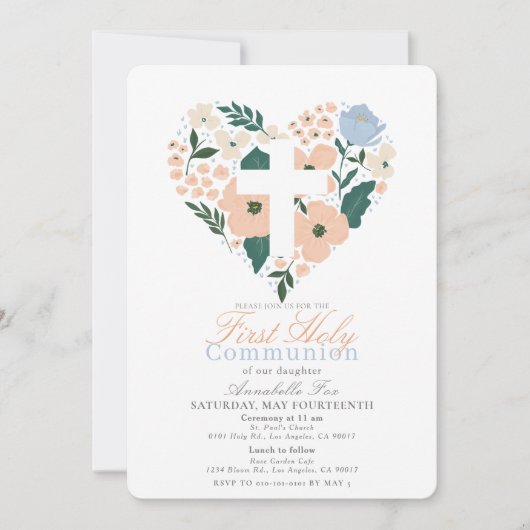 ピンクのフローラハートクロスガールファースト聖餐式 招待状 (正面)