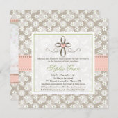 ピンクのフローラハートクロスバプテスマ写真招待状 招待状 (正面/裏面)