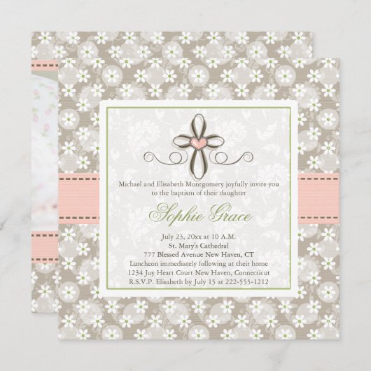 ピンクのフローラハートクロスバプテスマ写真招待状 招待状 (正面/裏面)