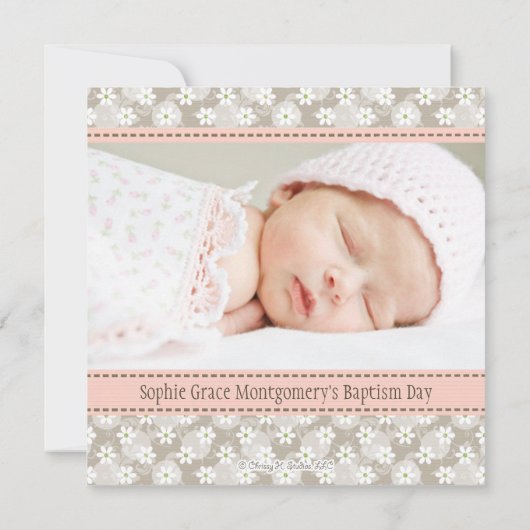 ピンクのフローラハートクロスバプテスマ写真招待状 招待状 (裏面)