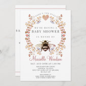 ピンクのフローラハートビー赤ちゃんシャワー 招待状 (正面/裏面)