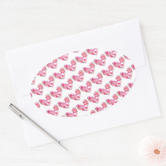 ピンクのフローラハート封筒用シール 楕円形シール (封筒)