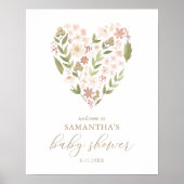 ピンクのフローラハート赤ちゃんシャワー歓迎サイン ポスター (正面)