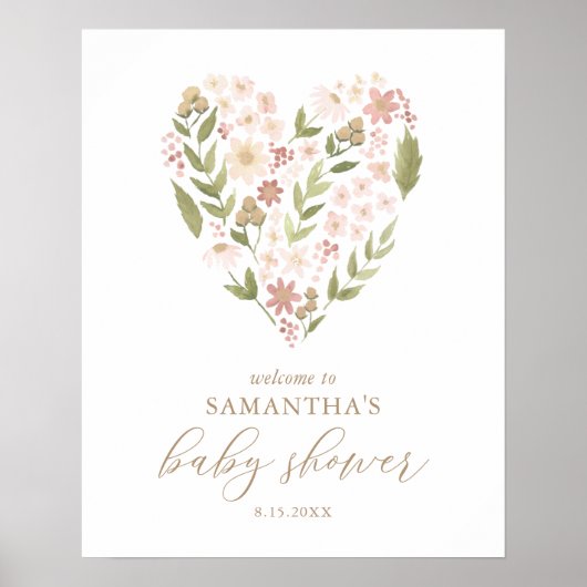 ピンクのフローラハート赤ちゃんシャワー歓迎サイン ポスター (正面)