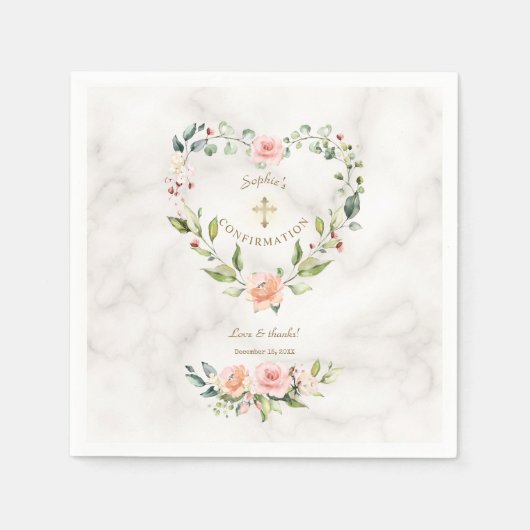 ピンクのフローラハート金ゴールド大理石ガール確認 スタンダードカクテルナプキン (正面)