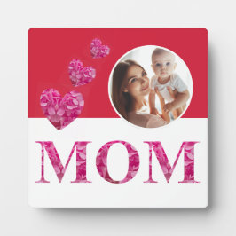 ピンクのフローラハート"MOM"レタリングフォトレッドホワイト フォトプラーク